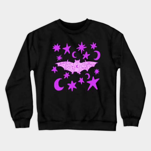 Creepy Cute Vampire Bat with Stars and Moons, Magenta Crewneck Sweatshirt by DaydreamerAlley